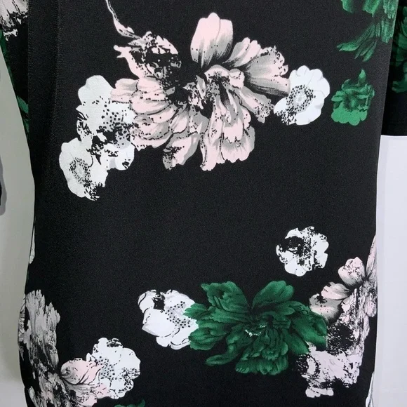 Carmen Marc Valvo Black Green White Floral 1/2 Sleeve Stretchy Blouse M - Picture 7 of 10